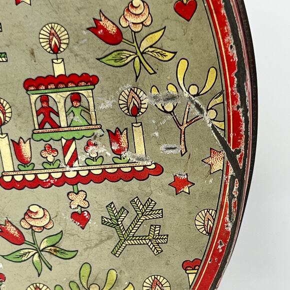 Vintage 30s Huylers Christmas Candy Tin Round Metal Primitive Cottage Farmhouse - Picture 10 of 15